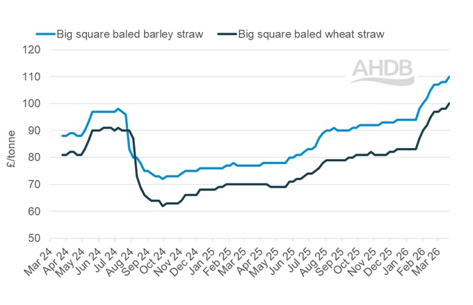 A line graph showing GB big bale straw weekly prices 22 March 2026.